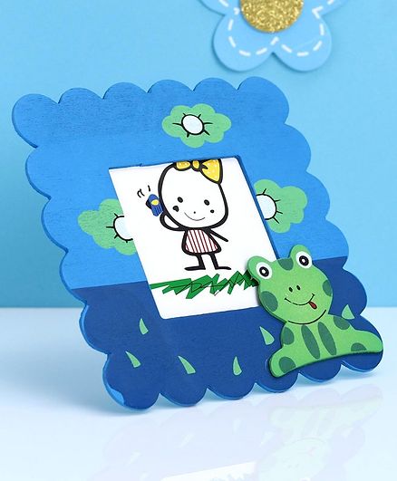 Square Shaped Wooden Photo Frame Frog Face Design - Blue