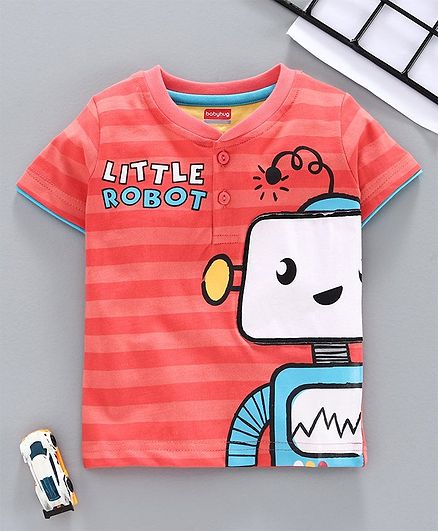 Babyhug Half Sleeves Striped Tee Little Robot Print - Coral