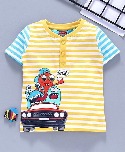 Babyhug Half Sleeves Striped Tee Monsters Print - Yellow