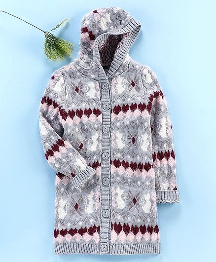 LC Waikiki Full Sleeves Hooded Abstract Pattern Sweater - Grey