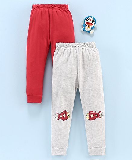 LC Waikiki Pack Of 2 Full Length Solid & Airplane Print Detailing Track Pants - Grey & Red