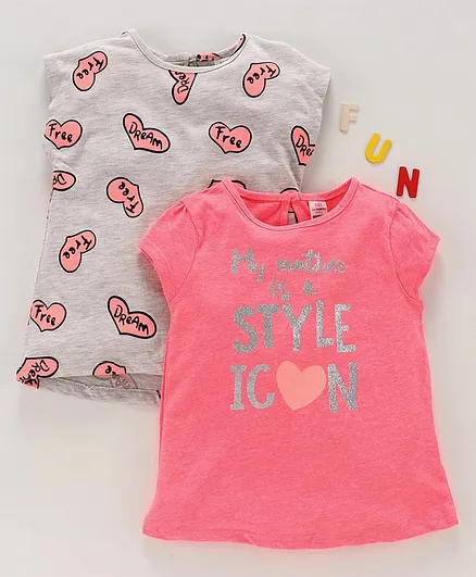 LC Waikiki Short Sleeves Pack Of 2 Heart Printed Top Set - Grey & Pink
