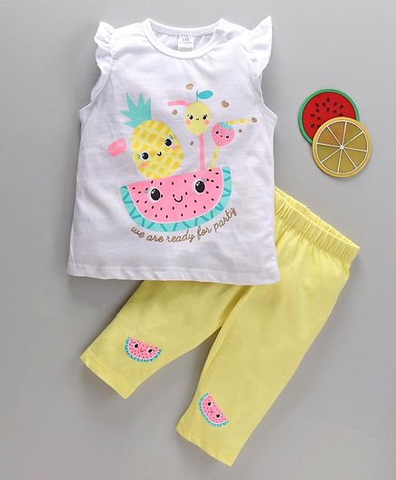 LC Waikiki Cap Sleeves Pineapple Printed Tee & Leggings Set - White & Yellow