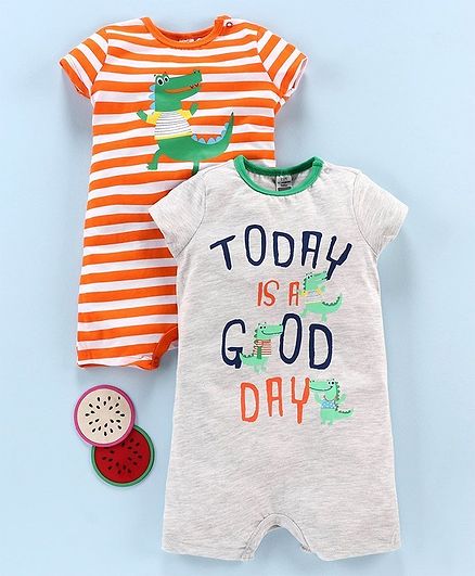 LC Waikiki Short Sleeves Striped & Crocodile Print Pack Of Two Rompers - Orange Grey