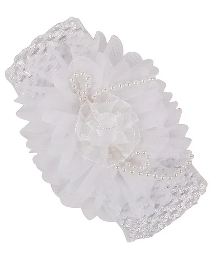 Yellow Bee Big Ruffle Flower Headband With Pearls - White