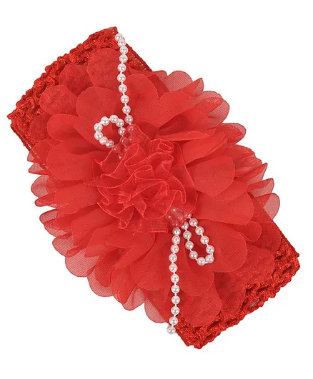 Yellow Bee Big Ruffle Flower Headband With Pearls - Red