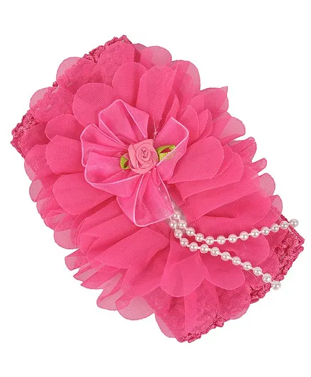 Yellow Bee Big Ruffle Flower Hairband with String of Pearls - Fuchsia