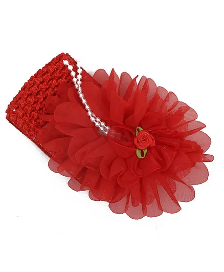 Yellow Bee Big Ruffle Flower Hairband with String of Pearls - Red