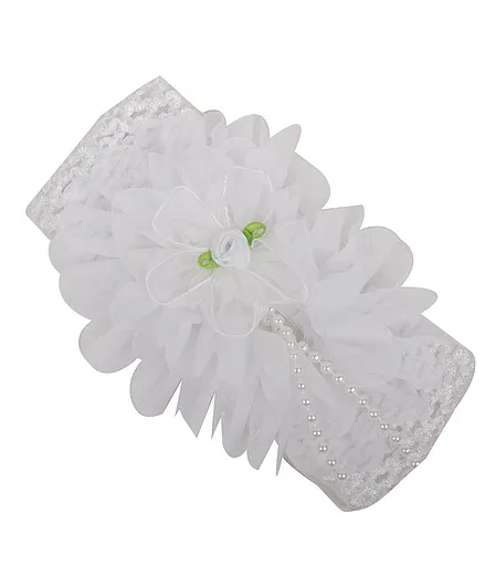Yellow Bee Big Ruffle Flower Hairband with String of Pearls - White