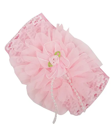 Yellow Bee Big Ruffle Flower Hairband with String of Pearls - Pink