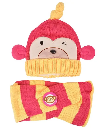 Yellow Bee Monkey Theme Cap & Scarf Set - Pink & Yellow