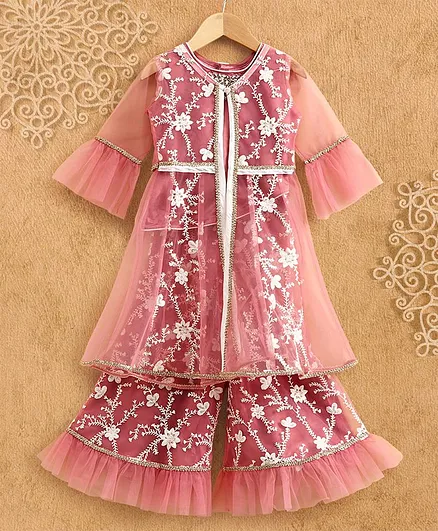 Enfance Sleeveless Top With Flower Embroidery Shrug & Palazzo - Pink