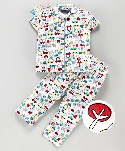 Enfance Core Car House & Trees Print Half Sleeves Night Suit - White