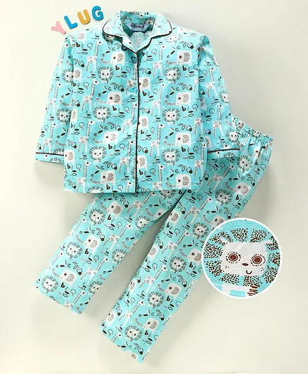 Enfance Core Animals Printed Full Sleeves Night Suit - Sky Blue
