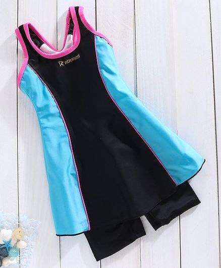 Rovars Sleeveless Frock style Swimsuit - Navy & Sky Blue