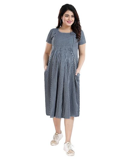 Mamma's Maternity Half Sleeves Striped Denim Dress - Light Blue