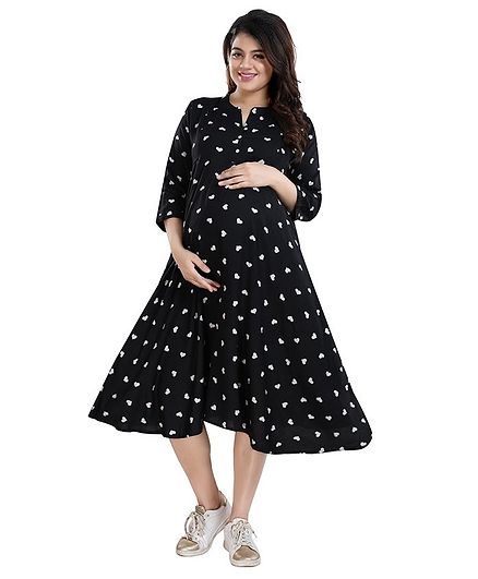 Mamma's Maternity Three Fourth Sleeves All Over Heart Printed Dress - Black