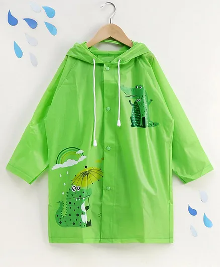 Full Sleeves Raincoat with Pouch Animal Print - Green