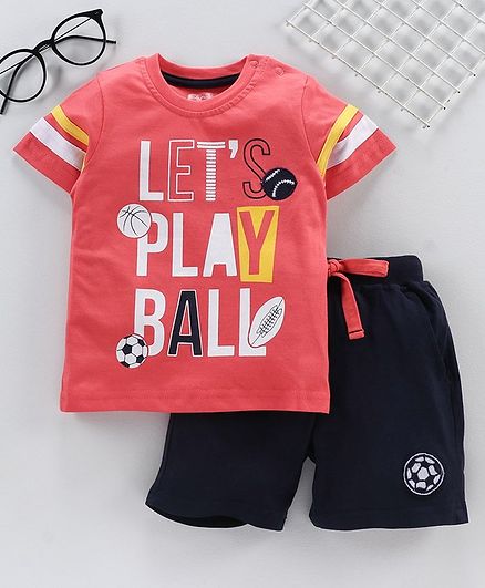 Babyhug Half Sleeves Knitted Tee & Shorts Ball Print - Coral Dark Navy