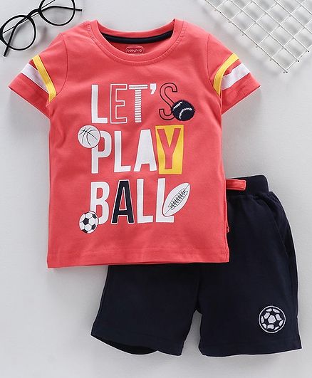 Babyhug Half Sleeves Knitted Tee & Shorts Ball Print - Coral Dark Navy