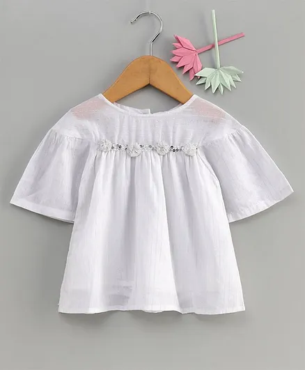 Spring Bunny Half Sleeves Sequin Detailed Top - White