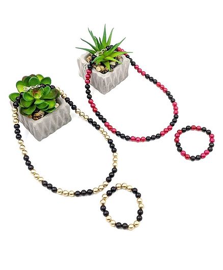 Magic Needles Pack Of 2 Beaded Necklace & Bracelet Set - Red & Golden