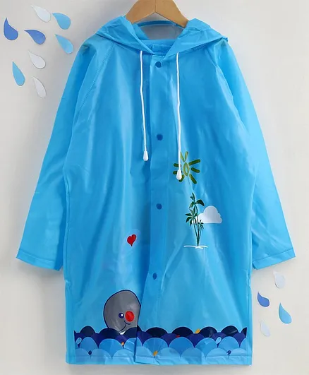 Full Sleeves Hooded Raincoat Whale Print - Blue