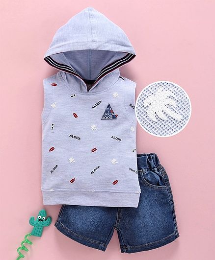 Little Kangaroos Sleeveless Hooded Tee & Denim Shorts Tree Print - Blue