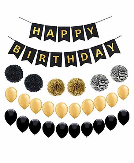Party Propz Happy Birthday Balloons with Banner Black Gold - Pack of 27