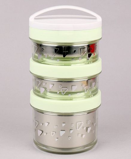 Stainless Steel 3 Layer Lunch Box with Spoon - Green