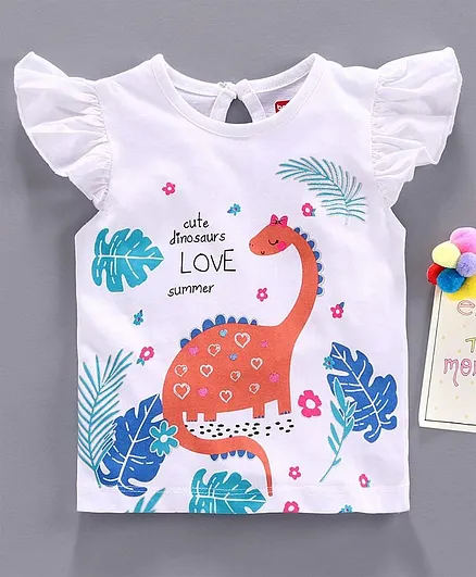 Babyhug Flutter Sleeves Tee Dinosaur Print - White