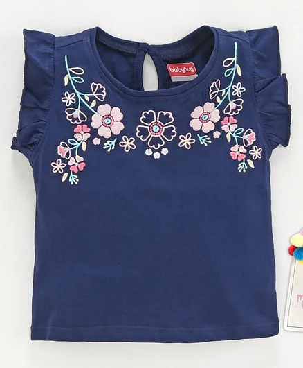 Babyhug Flutter Sleeves Top Floral Embroidery - Navy Blue