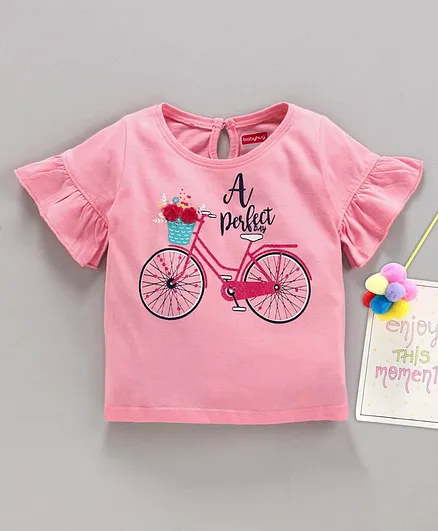 Babyhug Three Fourth Sleeves Top Bicycle Print & Floral Motifs - Light Pink