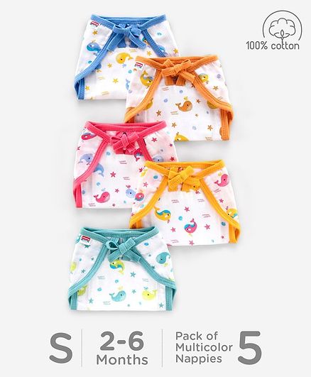 Babyhug U Shape Reusable Printed Muslin Cotton Nappy Small Pack of 5 - Multicolor