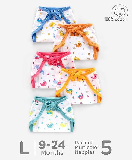 Babyhug U Shape Reusable Printed Muslin Cotton Nappy Large Pack of 5 - Multicolor