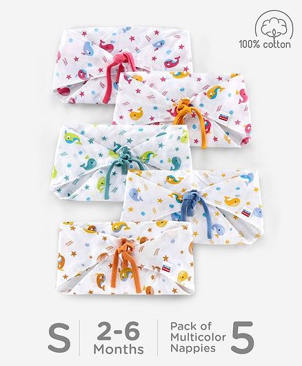 Babyhug Muslin Cotton Reusable Triangle Printed Cloth Nappies Small Set of 5 - Multicolor