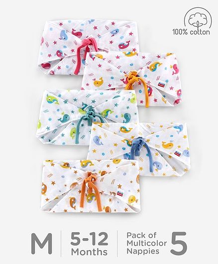 Babyhug Muslin Cotton Reusable Triangle Printed Cloth Nappies Medium Set of 5 - Multicolor