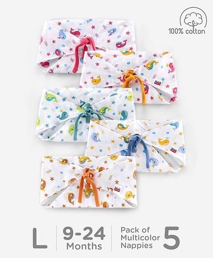 Babyhug Muslin Cotton Reusable Triangle Printed Cloth Nappies Large Set of 5 - Multicolor
