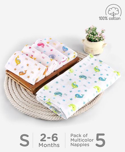 Babyhug Reusable Square Printed Muslin Cotton Nappy Set Small Pack of 5 - Multicolor