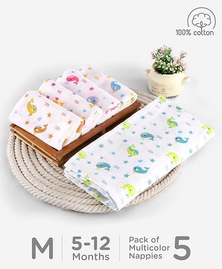 Babyhug Reusable Square Printed Muslin Cotton Nappy Set Medium Pack of 5 - Multicolor