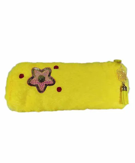 Spiky Soft Fur Pencil Pouch Embroidered- Yellow