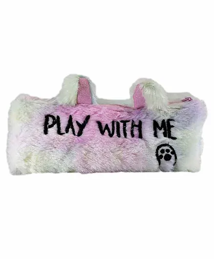 Spiky Fur Pencil Pouch Text Embroidery - White