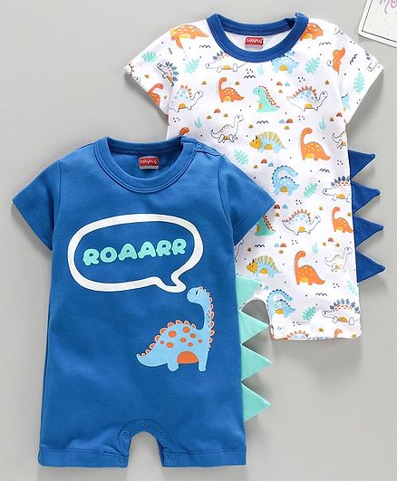 Babyhug Half Sleeves 100% Cotton Romper Pack of 2 - Blue White
