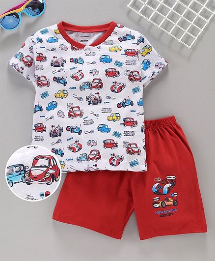 Cucumber Half Sleeves Tee & Shorts Car Print - White Red