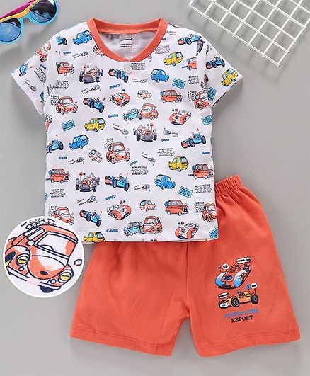 Cucumber Half Sleeves Tee & Shorts Car Print - White Orange