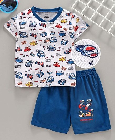 Cucumber Half Sleeves Tee & Shorts Car Print - White Blue