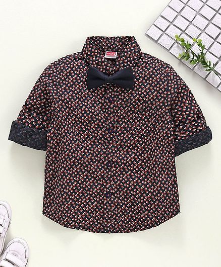 Babyhug Half Sleeves Party Wear Shirt with Bow - Maroon Navy