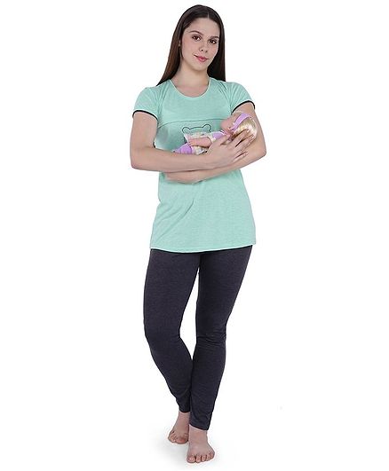 MomToBe Short Sleeves Happy Bear Print Feeding Maternity Night Suit - Green