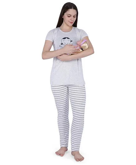 MomToBe Short Sleeves Doll Print Feeding Maternity Night Suit - Off White