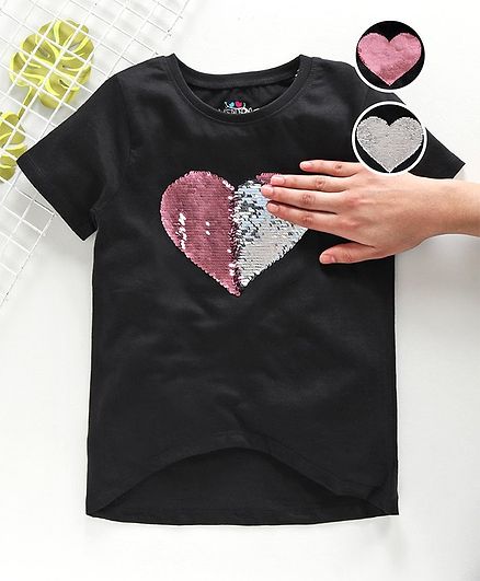 Ventra Half Sleeves Sequin Heart Detailing Top - Black